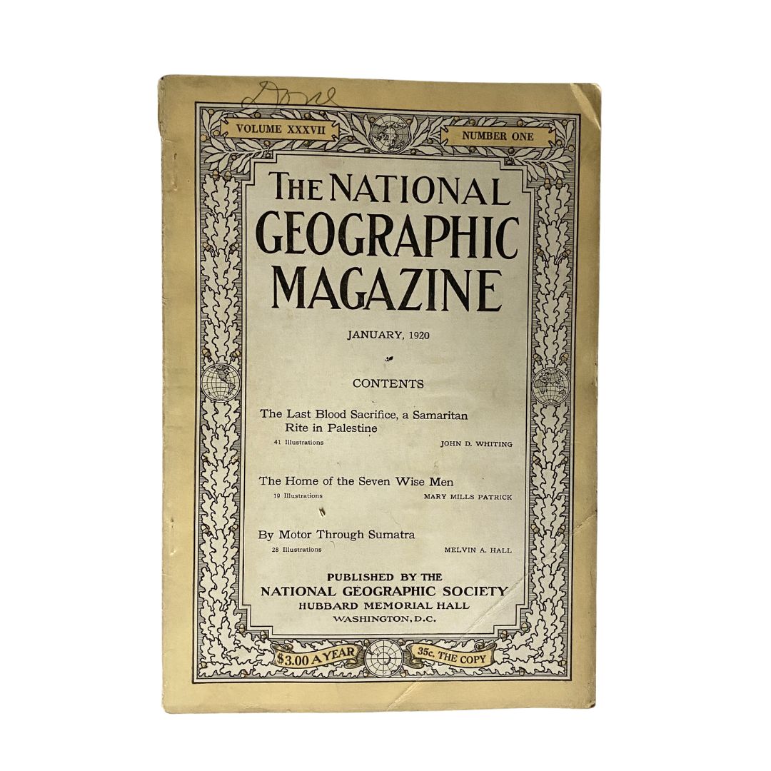 Cover of VTG National Geographic Magazine January 1920 featuring the title 'The Home of Seven Wise Men' and contents including articles on Samaritans in Palestine.