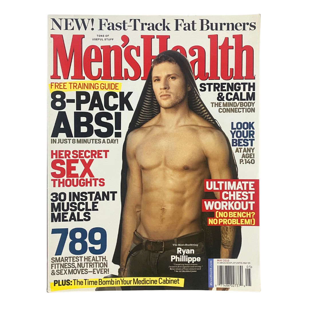 Men's Health Magazine May 2010 featuring actor Ryan Phillippe on the cover, showcasing fitness tips and workout routines for men.