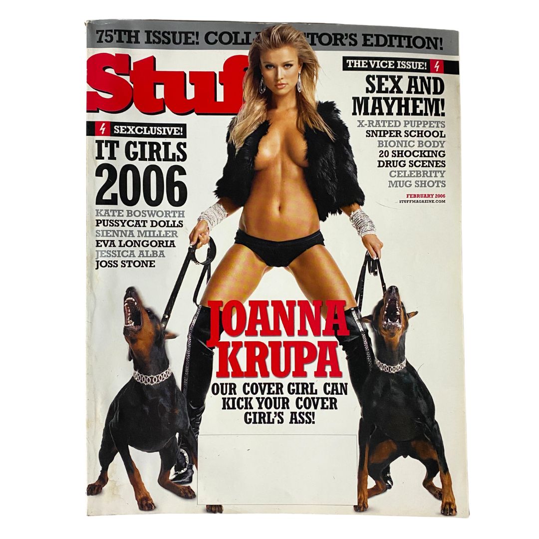 Cover of Stuff Magazine February 2006 featuring Joanna Krupa, highlighting her as the cover girl with bold text, showcasing themes of sex and entertainment.