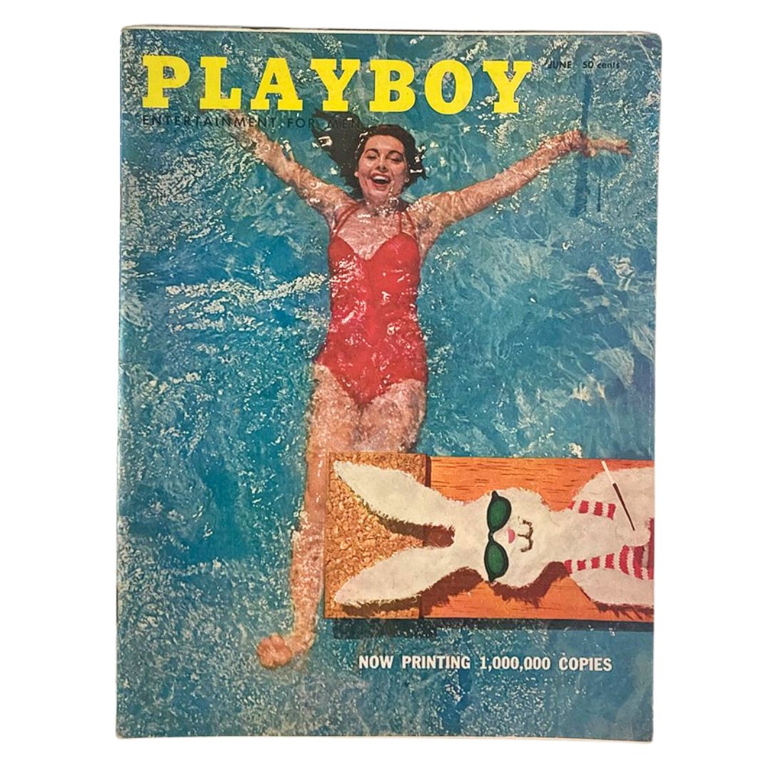 VTG Playboy Magazine June 1956 cover featuring a woman in a red swimsuit enjoying a swim, showcasing mid-century glamour and style.