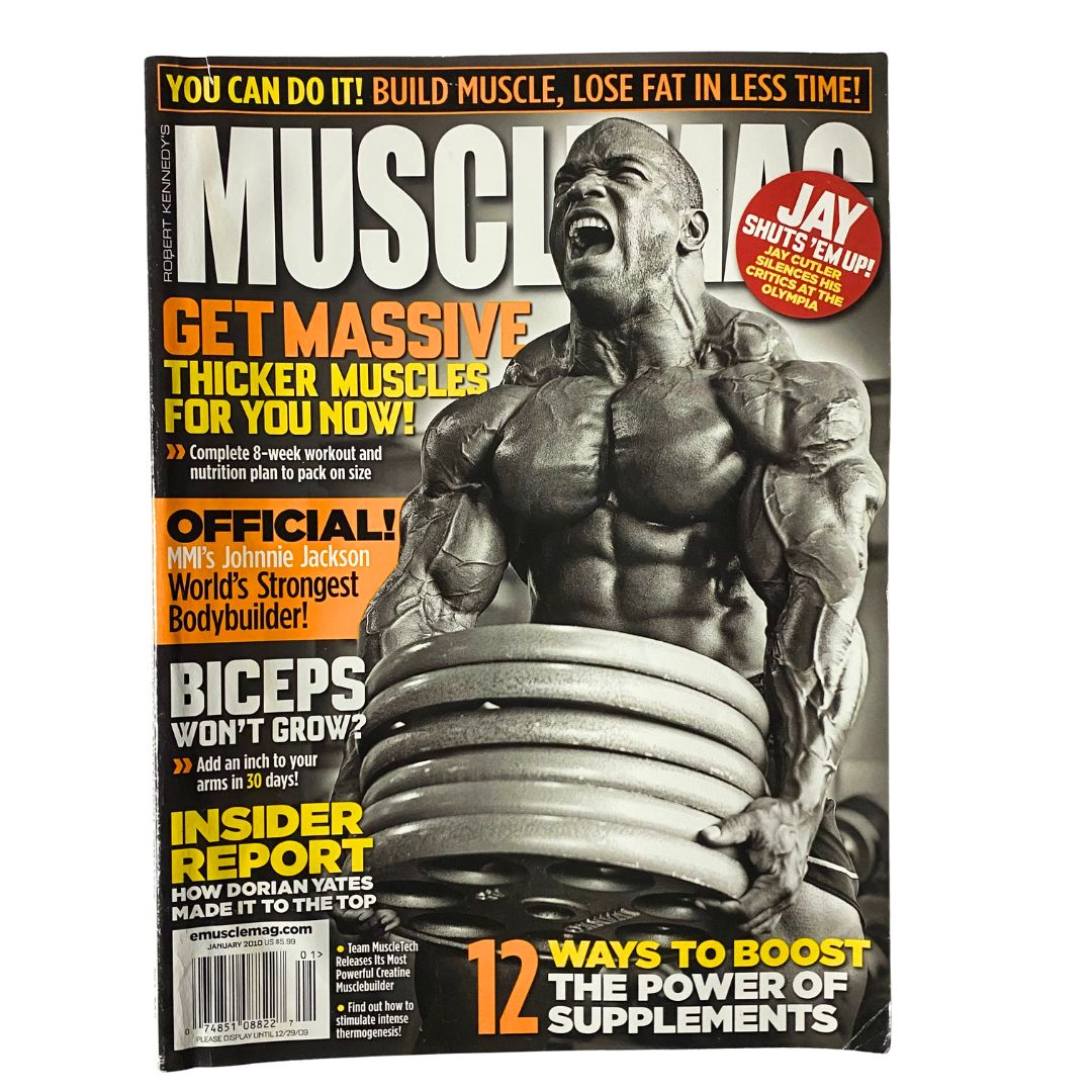 Cover of Muscle Mag Magazine January 2010 featuring Jay Cutler, showcasing a muscular bodybuilder with weights, promoting muscle building and fitness advice.