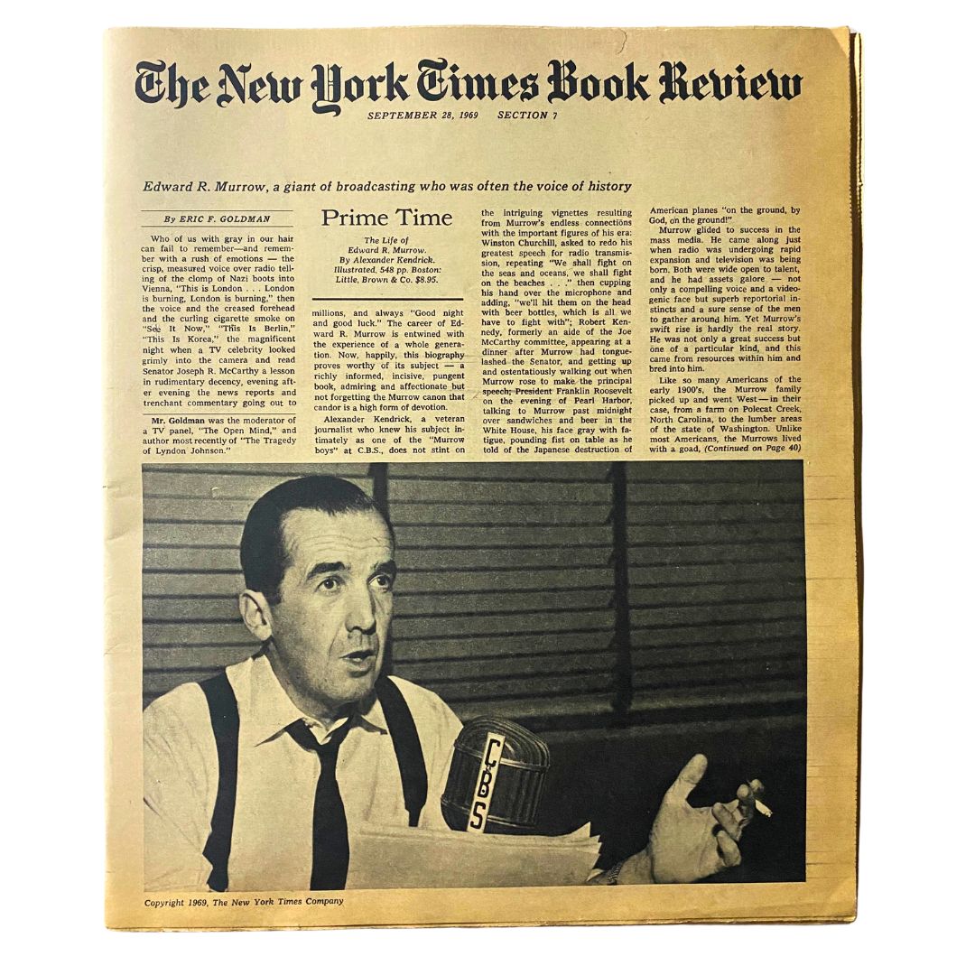 The New York Times Book Review, September 28, 1969, featuring Edward R. Murrow, a significant figure in broadcasting, with a captivating article about his impact on journalism.