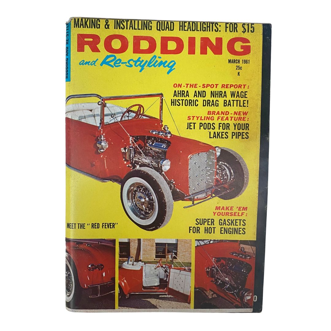 Rodding & Re-Styling Magazine March 1961 cover featuring the 'Red Fever' hot rod, showcasing bright colors and classic automotive design.