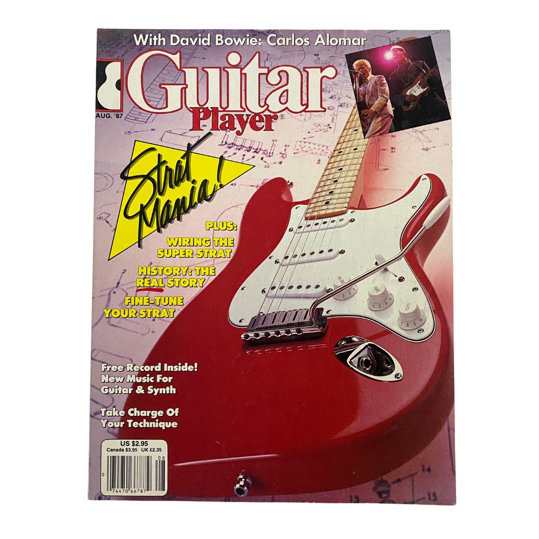Guitar Player Magazine August 1987 featuring 'Strat Mania' on the cover, showcasing a red Stratocaster guitar with articles on wiring the Super Strat.