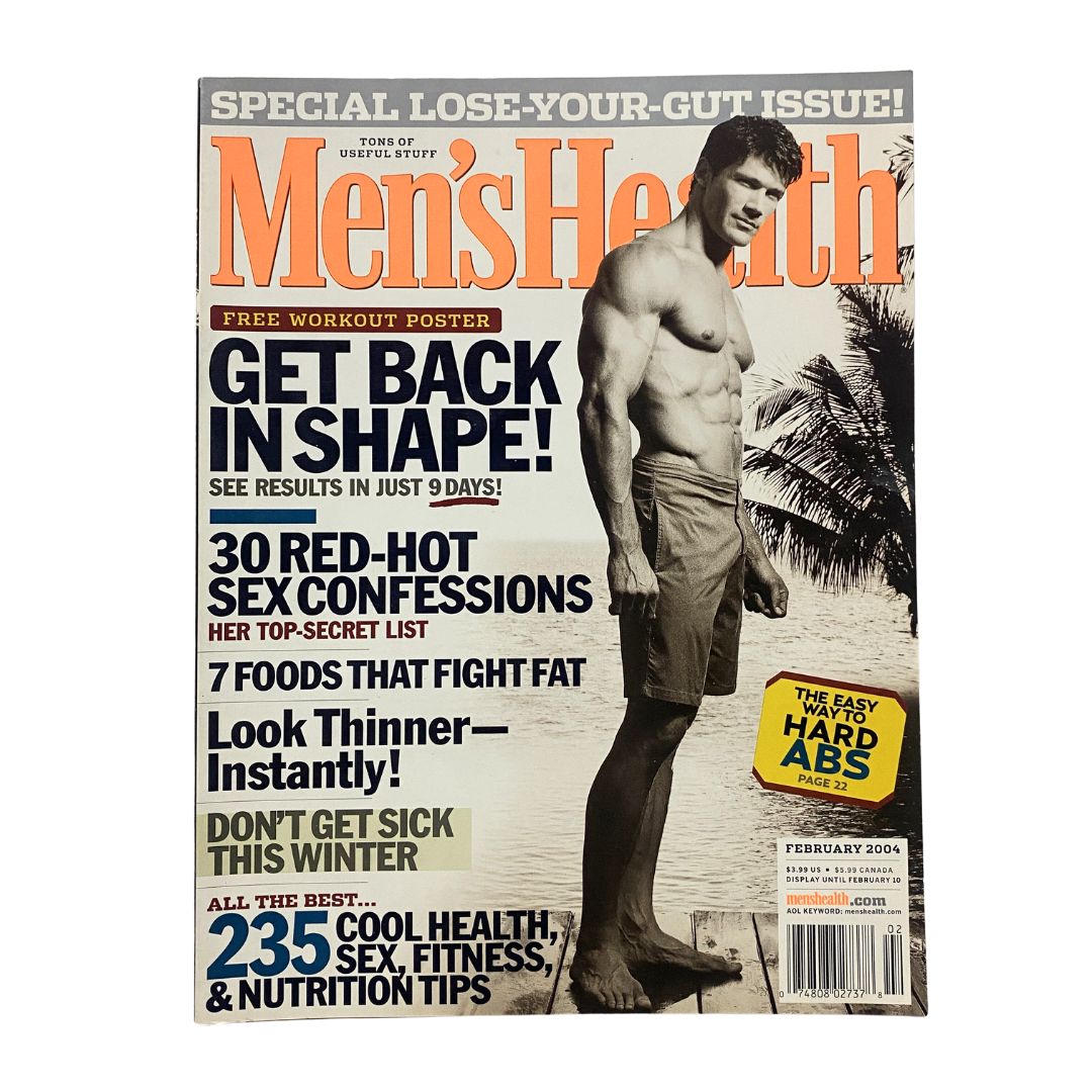 Men's Health Magazine February 2004 cover featuring the title 'Get Back in Shape' with a fitness model and promotional text about exercise and health tips.