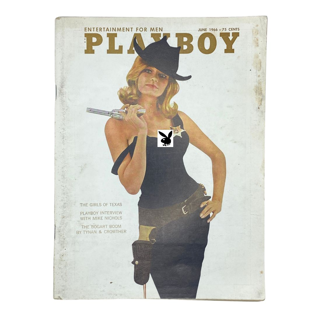 Cover of VTG Playboy Magazine June 1966 featuring a model dressed in western attire holding a toy gun, showcasing the iconic Playboy logo. A collectible piece from the 1960s era.
