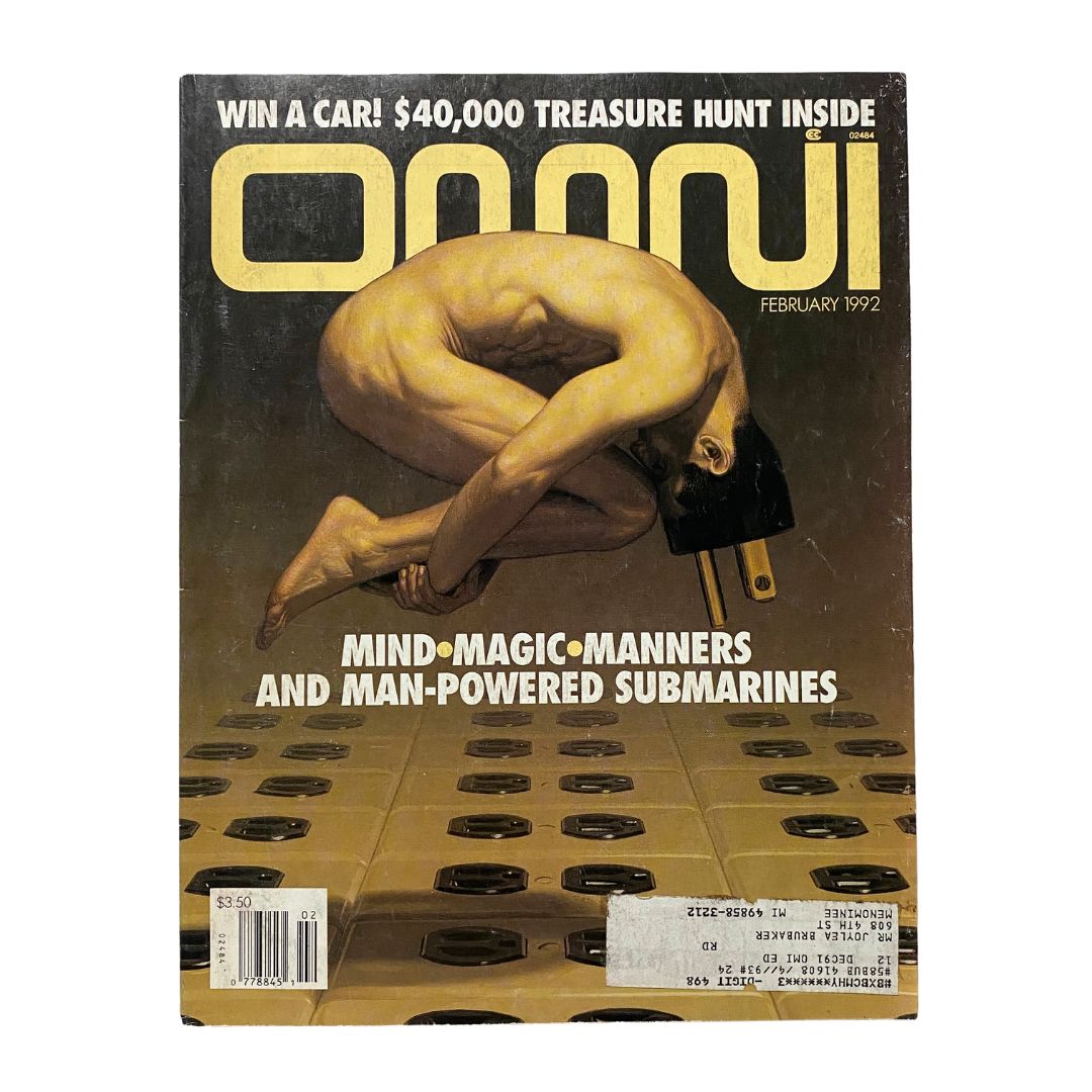 Cover of Omni Magazine February 1992 Vol 14 No 5 featuring abstract artwork with a figure in a unique pose. Includes text promoting a treasure hunt and intriguing topics like mind, magic, and submarines.