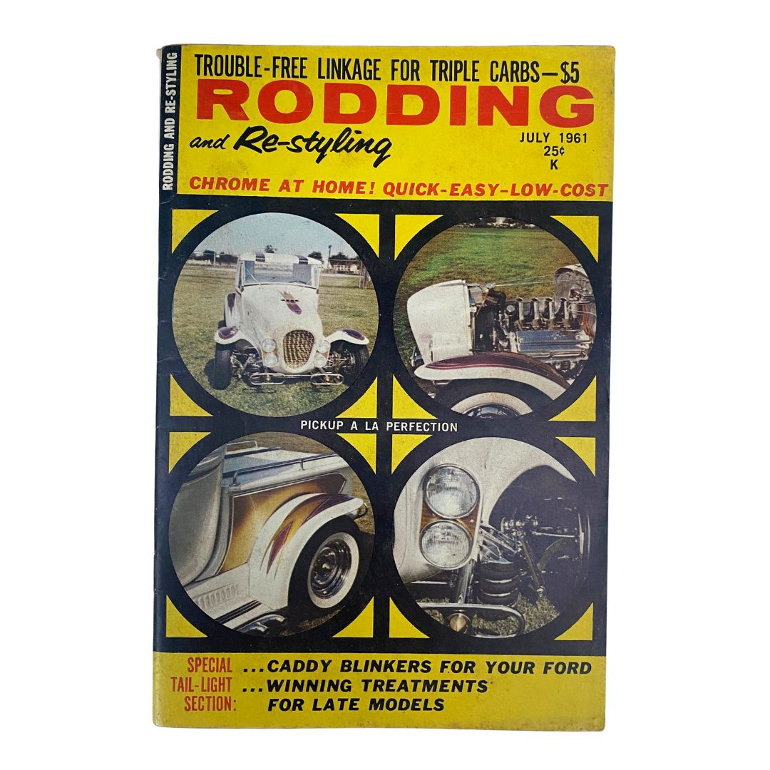 Cover of Rodding & Re-Styling Magazine July 1961 featuring Pickup A La Perfection with automotive illustrations and promotional text for car customization.