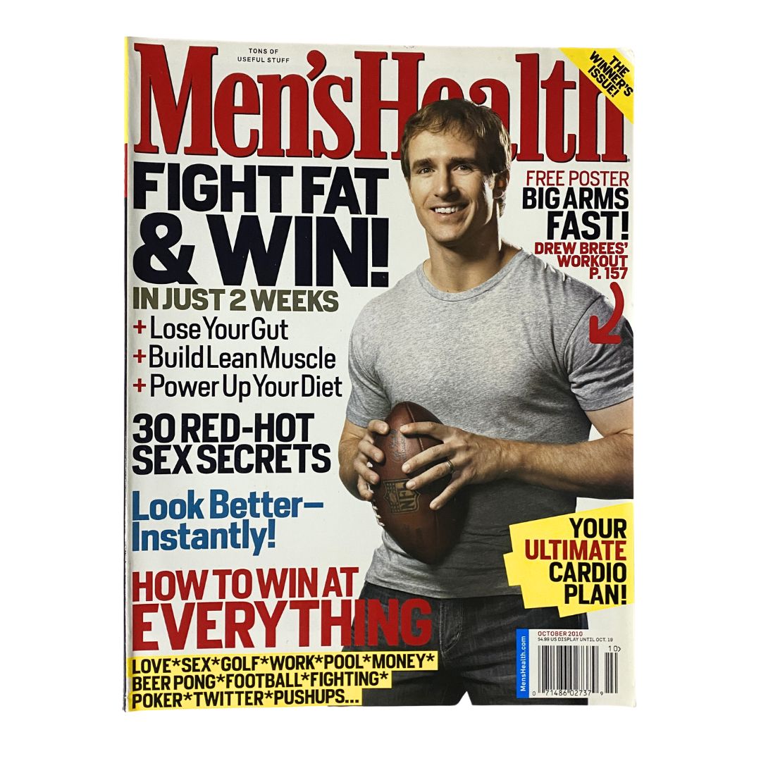 Men's Health Magazine October 2010 featuring NFL star Drew Brees on the cover, with a focus on fitness, nutrition, and health tips for athletes and fans.