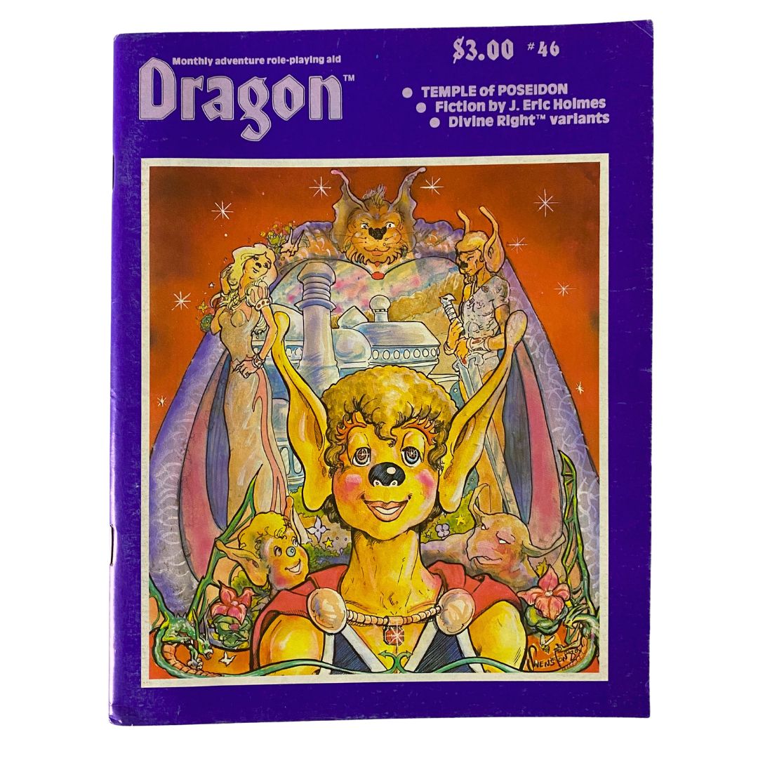 Front cover of VTG The Dragon Magazine February 1981 #46 featuring vibrant artwork themed around The Temple of Poseidon, showcasing fantastical characters and creatures.