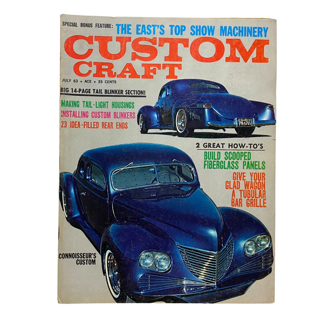 Cover of VTG Custom Craft Magazine July 1963 No. 24, featuring a blue custom car, highlighting crafting tips and techniques from the vintage era.