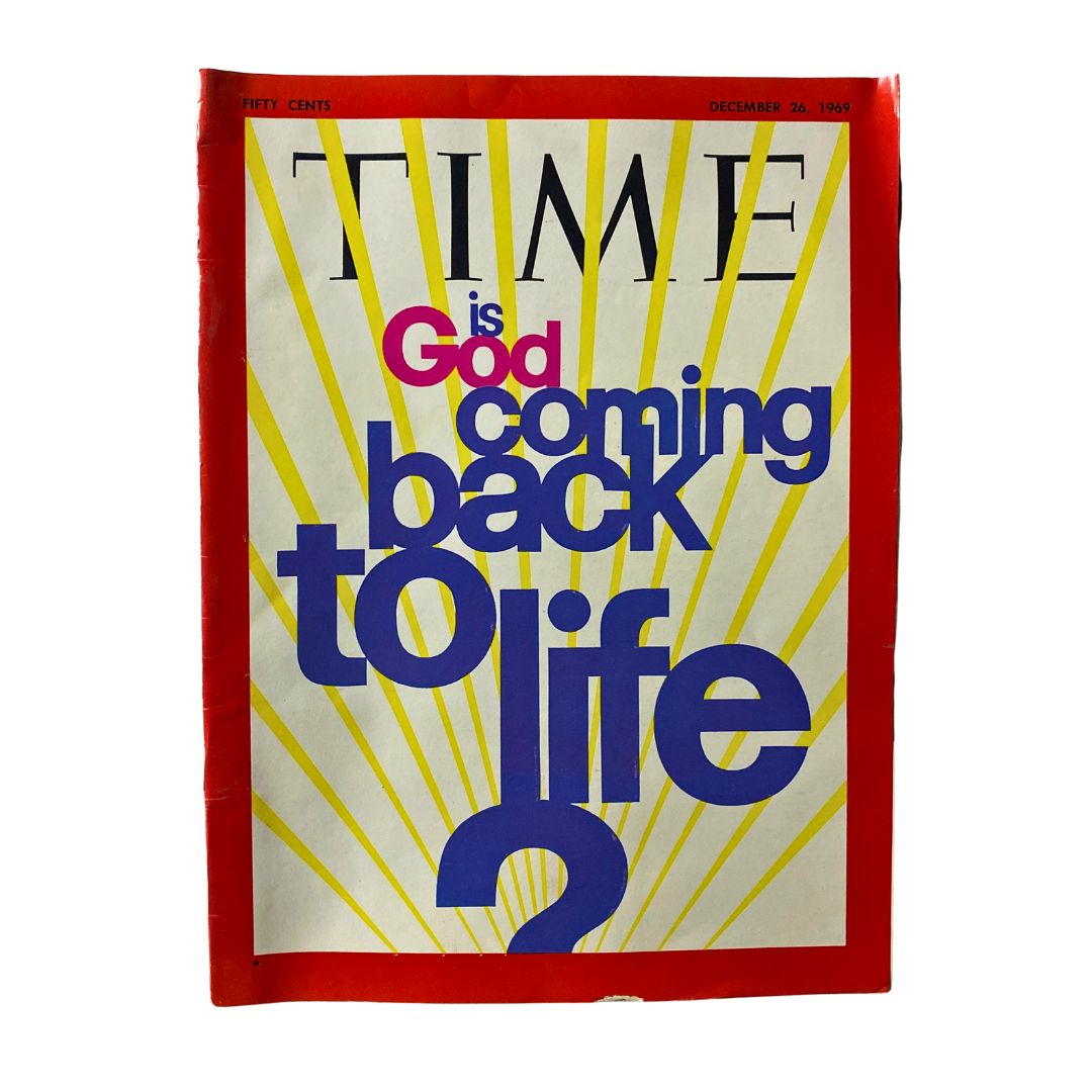 VTG Time Magazine December 26 1969 cover featuring the headline 'Is God Coming Back to Life?' with a colorful sunburst design.