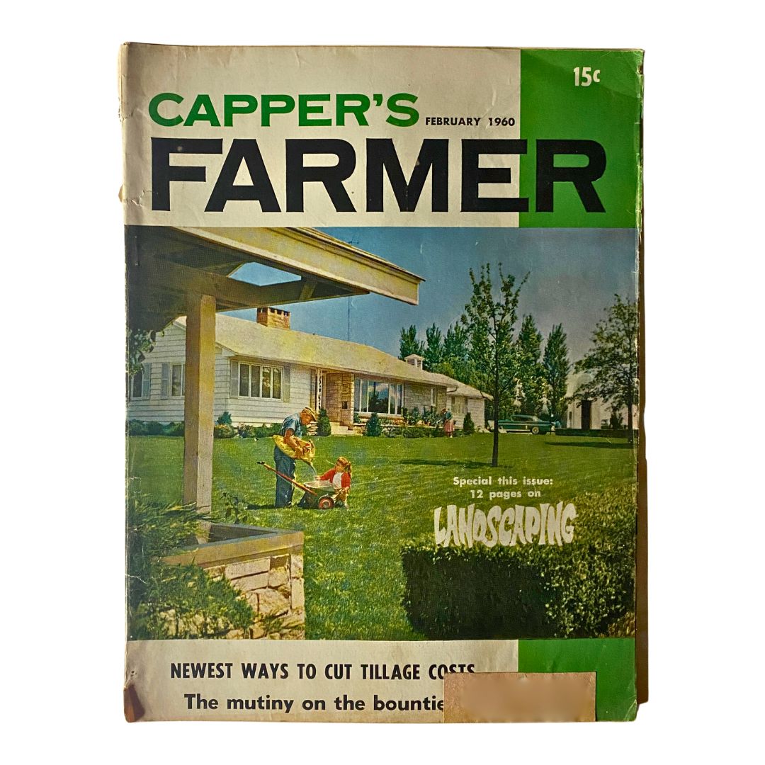 Cover of VTG Carper's Farmer Magazine February 1960 showcasing the theme 'Newest Ways To Cut Tillage Costs', featuring a family gardening on a well-maintained lawn in front of a house.
