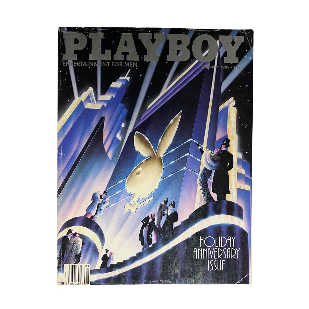 Playboy Magazine January 1988 featuring Playmate Kimberley Conrad on the cover. A vibrant illustration showcases the iconic Playboy Bunny against an Art Deco backdrop, emphasizing the magazine's vintage aesthetic.