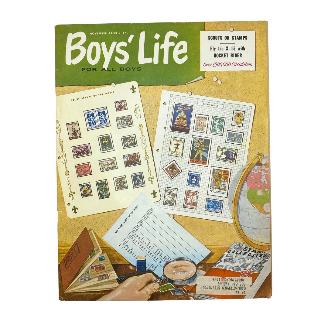 Boys' Life for All Boys Magazine November 1959 cover featuring scouting and stamp collecting themes, showcasing colorful stamps and a globe.