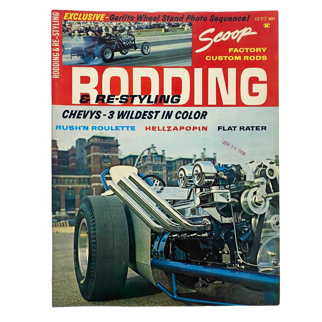 Cover of Rodding & Re-Styling Magazine September 1964 featuring factory custom rods and showcasing stunning automotive designs. Highlights include 'Chevys - 3 Wildest in Color,' making it a must-have for car enthusiasts and collectors.