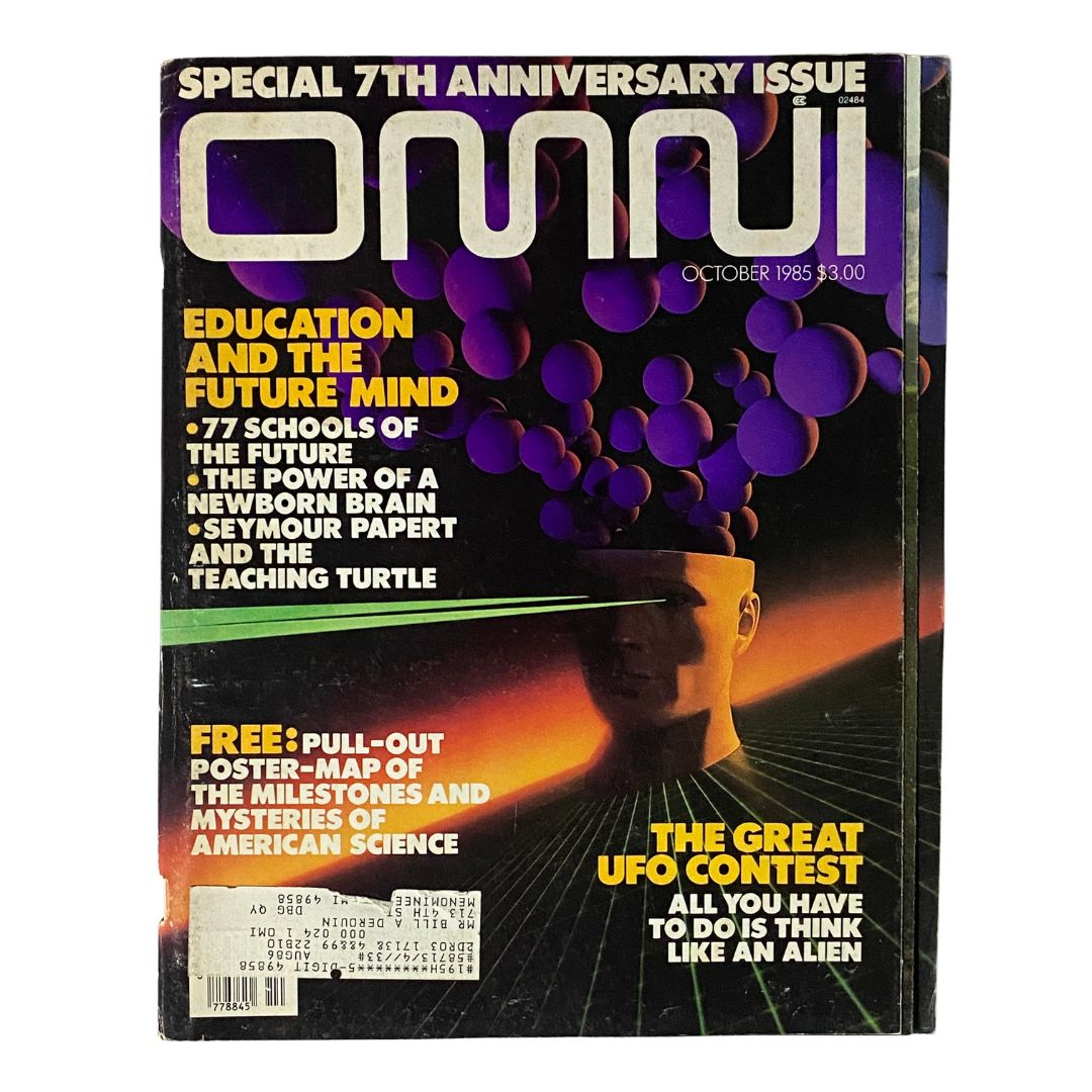 Cover of VTG Omni Magazine October 1985 titled 'Education and The Future Mind', featuring vibrant colors and graphics with thematic elements related to education and cognition.