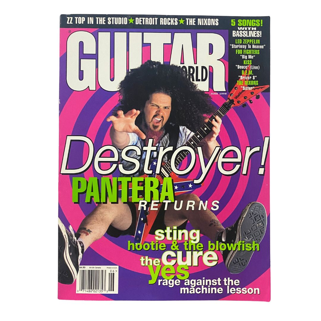 Cover image of Guitar World Magazine June 1996 featuring Pantera with the headline 'Destroyer! Pantera Returns'. The vibrant magazine cover showcases a guitarist in a dramatic pose, set against a colorful background.