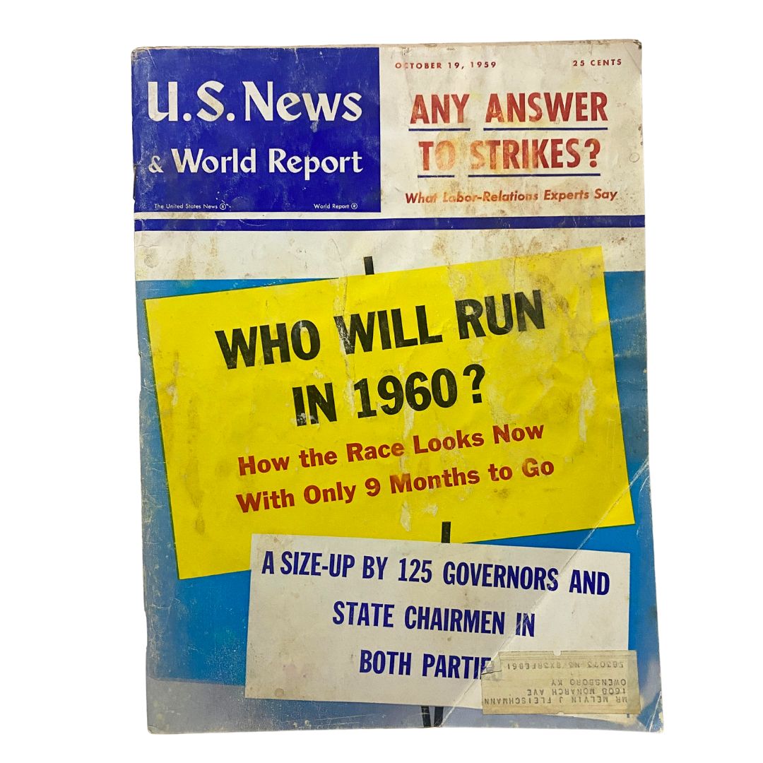 Cover of US News & World Report Magazine from October 19, 1959, featuring the title 'Any Answer To Strikes?' and questions about the 1960 elections.