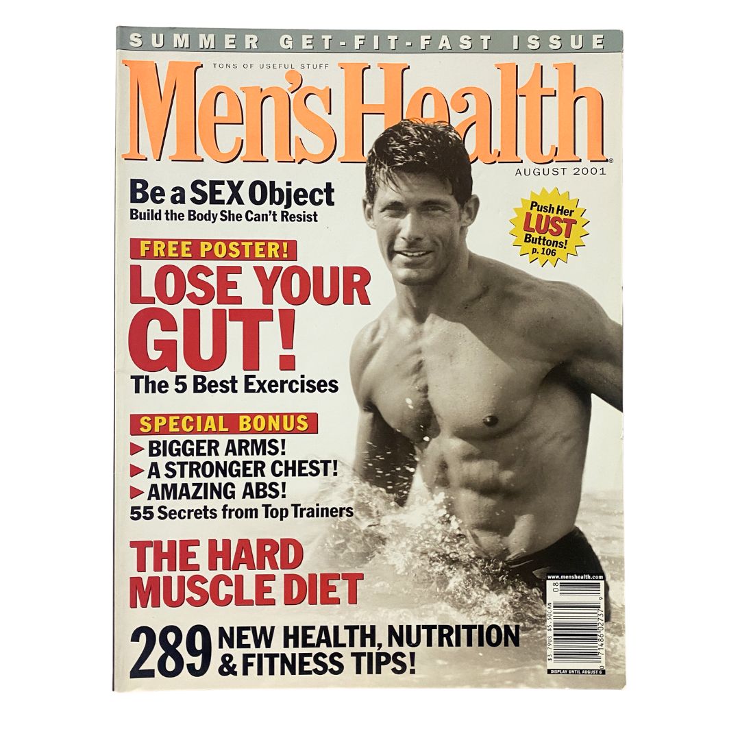 Men's Health Magazine August 2001 cover featuring a man with a toned physique, promoting 'The Hard Muscle Diet' and offering tips on fitness, diet, and exercise.