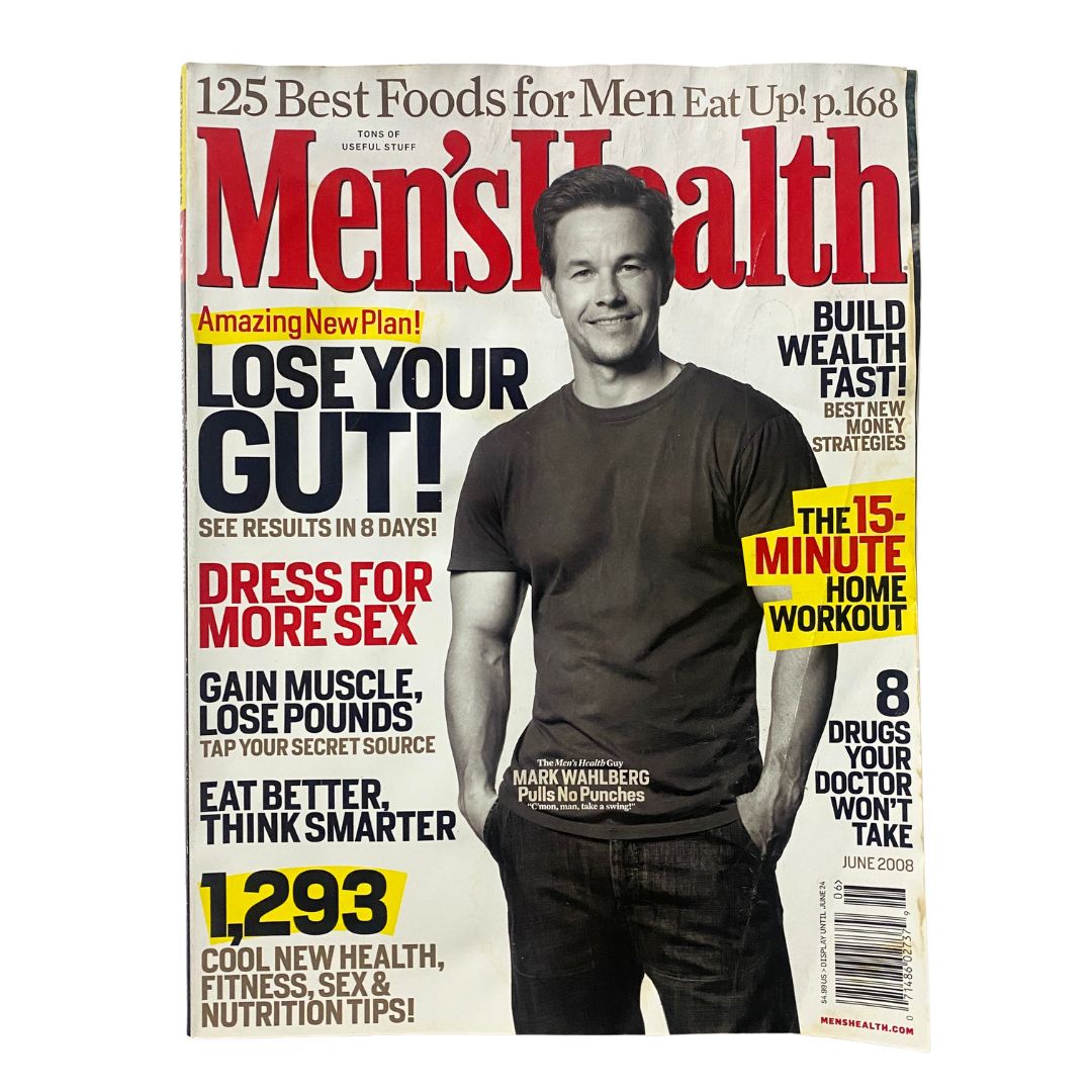 Men's Health Magazine June 2008 featuring Mark Wahlberg on the cover, highlighting fitness and wellness topics, with the title 'Lose Your Gut!' and a visible subtitle discussing health strategies.