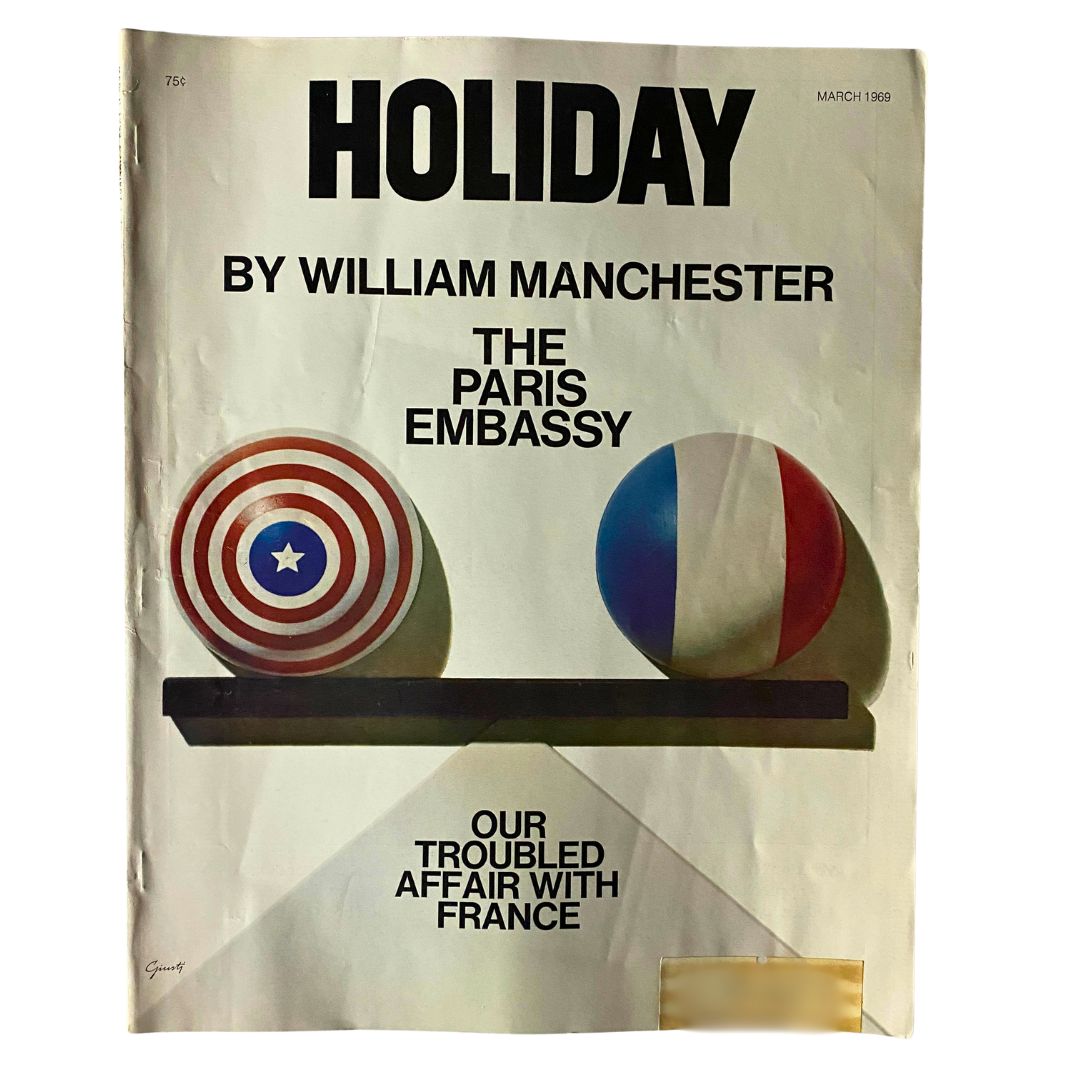 Cover of the VTG Holiday Magazine, March 1969, Volume 45, No. 3, featuring artwork symbolizing the friendship between the U.S. and France with a bold design showcasing the American and French flags.