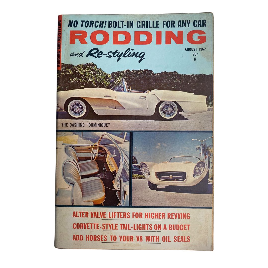 Cover of the VTG Rodding & Re-Styling Magazine August 1962 featuring 'The Dashing Dominique', with a stylish car and design highlights.