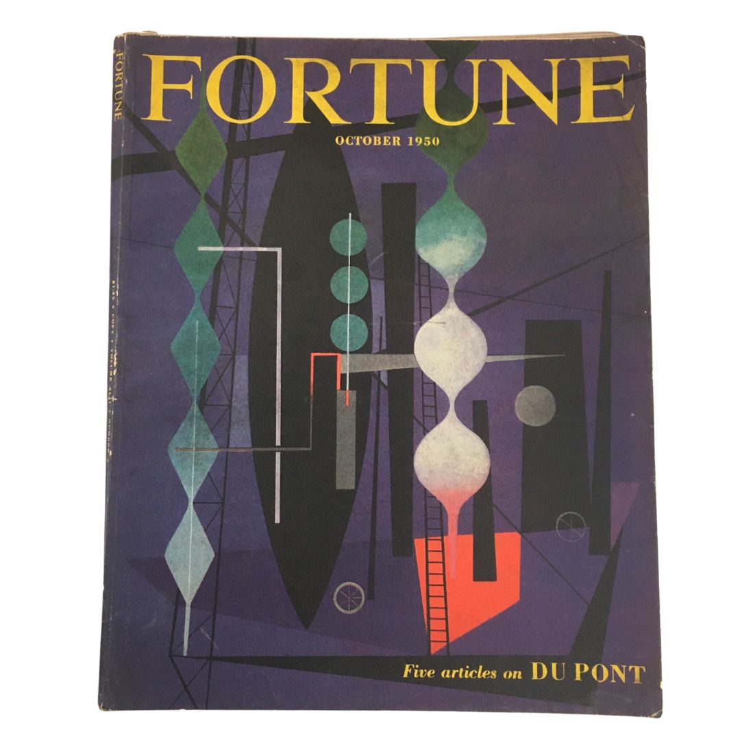 Cover of VTG Fortune Magazine October 1950 featuring abstract design and text highlighting five articles on Du Pont.