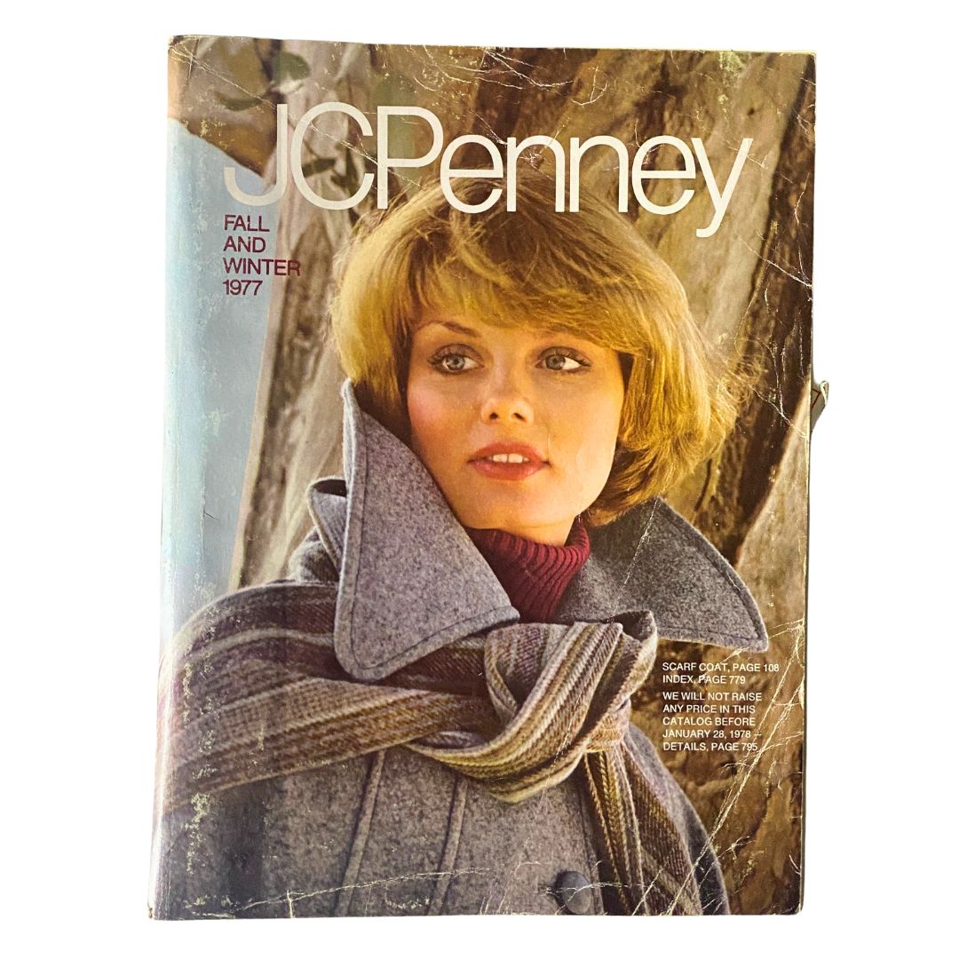 Cover of the 1977 JCPenney Fall and Winter Catalog featuring a woman in a stylish gray coat standing outdoors.