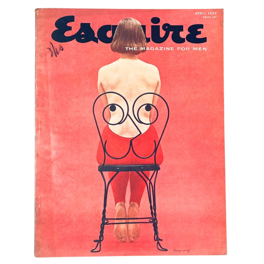 VTG Esquire Magazine April 1955 Cover featuring a unique artistic illustration of a woman sitting on a chair, symbolizing mid-century modern design and sophistication.