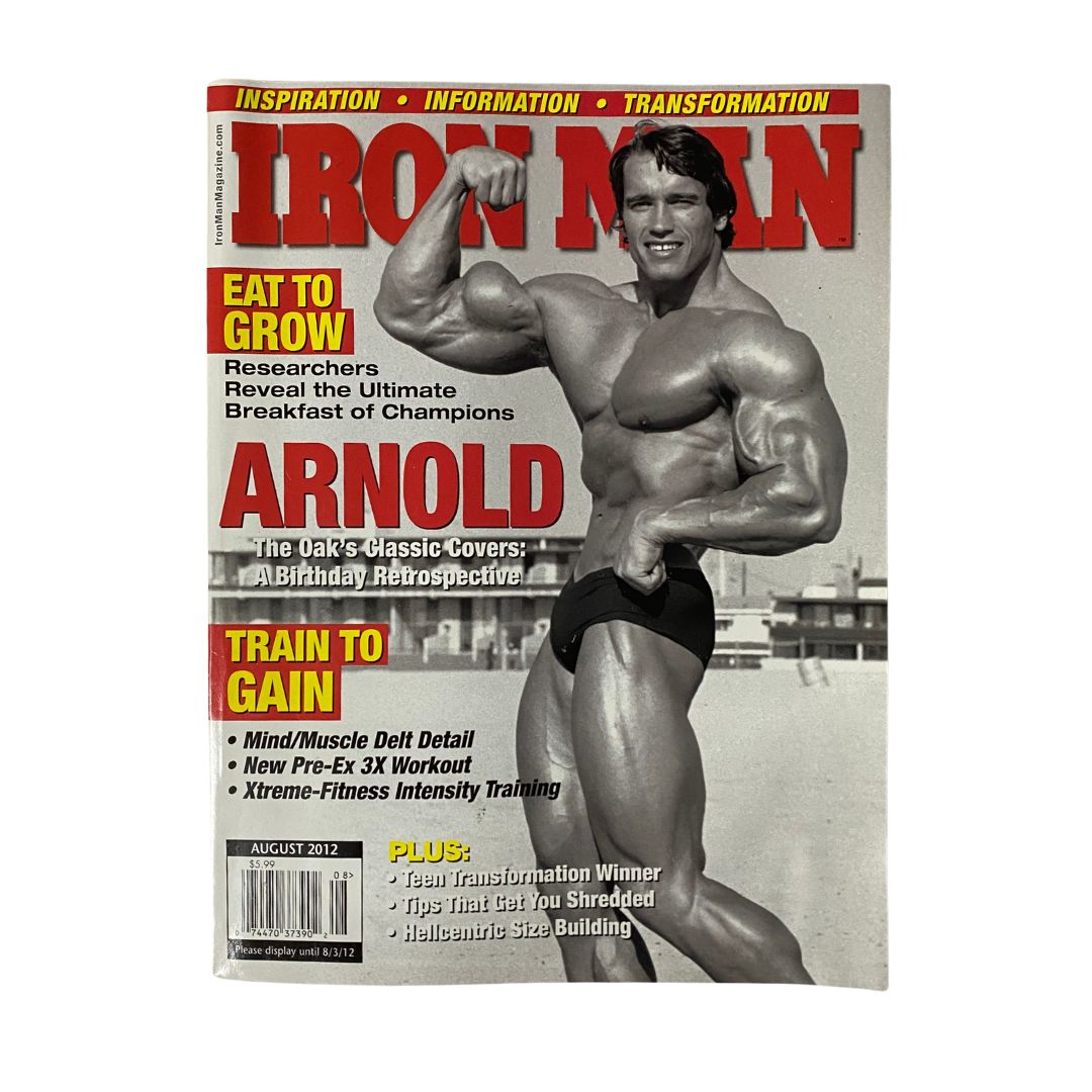 Iron Man Magazine August 2012 featuring Arnold Schwarzenegger on the cover, showcasing bodybuilding and fitness culture.