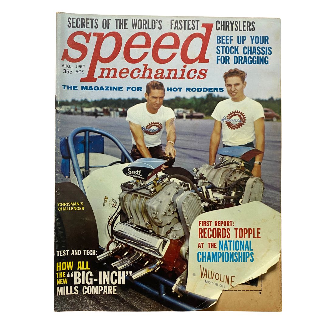 Cover of Speed Mechanics Magazine from August 1962 showcasing Chrisman's Challenger GD, featuring two men alongside a racing engine, emphasizing automotive history and vintage car culture.