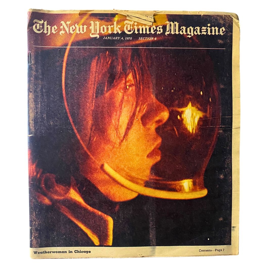 Cover of The New York Times Magazine January 4 1970 featuring the theme 'Weatherwoman in Chicago', capturing a striking image of a woman in a helmet with a warm color palette.