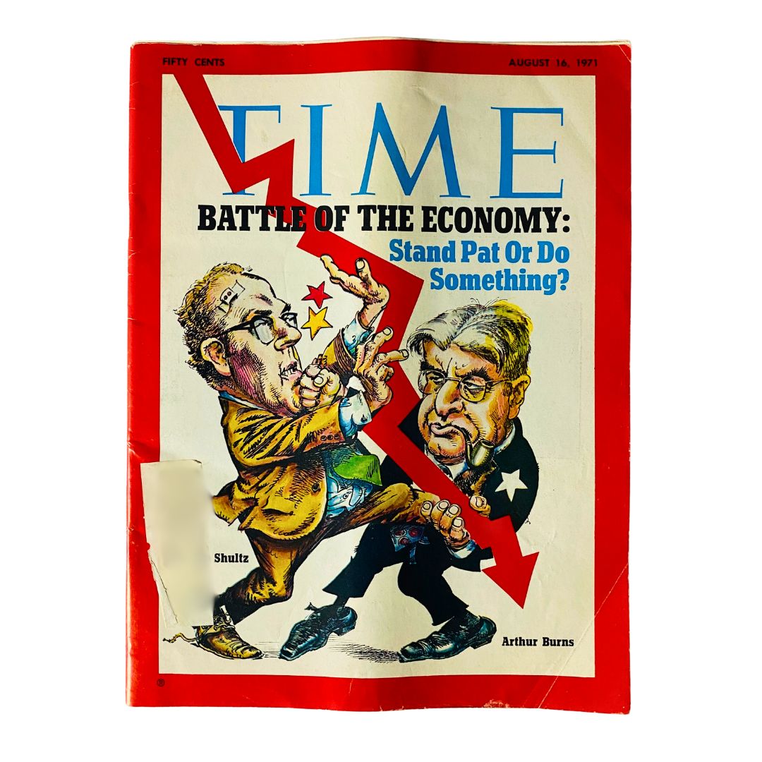 Vintage Time Magazine cover from August 16, 1971, featuring George Shultz and Arthur Burns with the headline 'Battle of the Economy: Stand Pat Or Do Something?' highlighting the socio-political climate of the early 1970s.