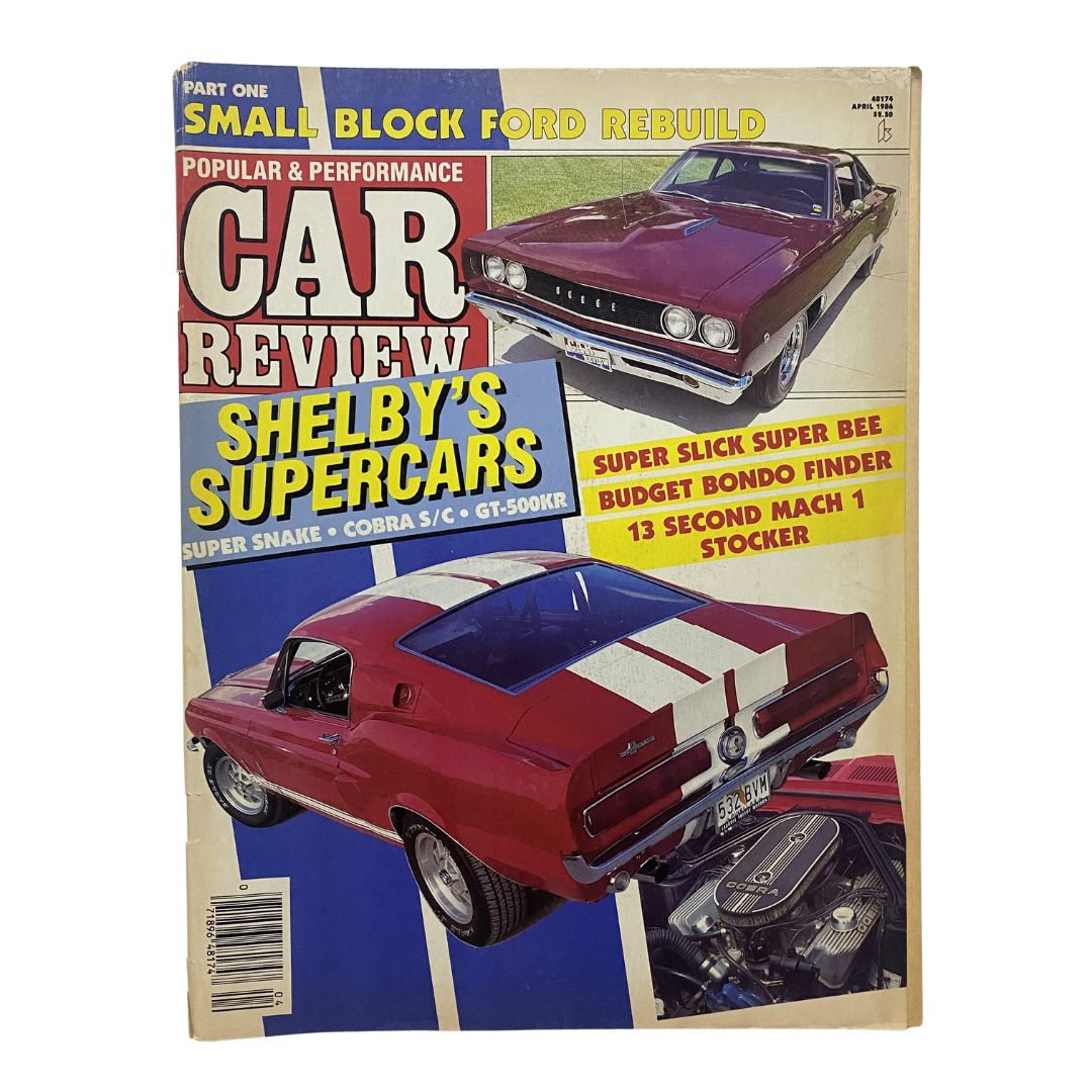 Cover of Popular & Performance Car Review Magazine April 1986 featuring Shelby's Supercars, showcasing a red muscle car, with titles about super slick vehicles and performance upgrades.