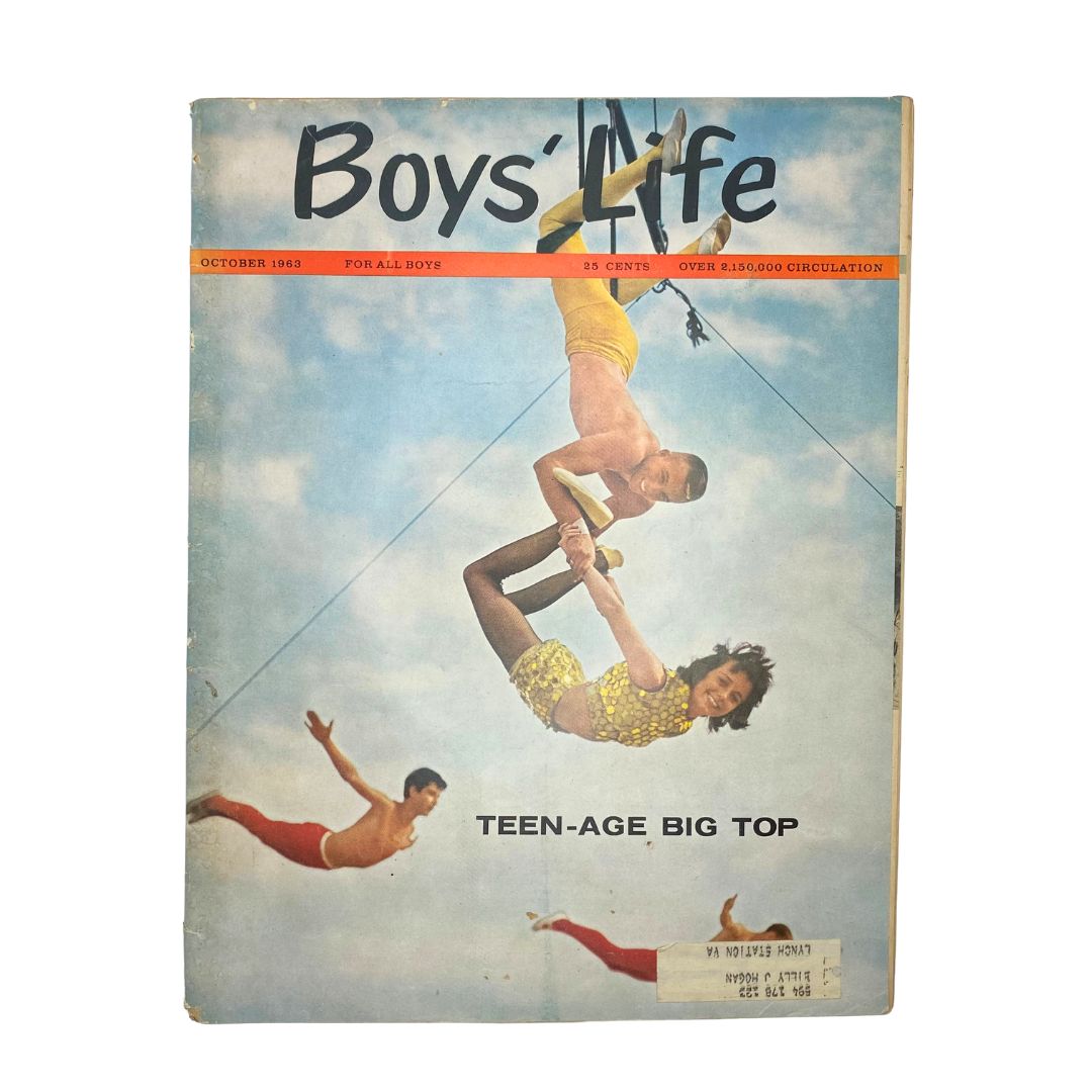 Cover of VTG Boys' Life for All Boys Magazine from October 1963 titled 'The Teen-Age Big Top', featuring a vibrant image of young acrobats performing in mid-air against a blue sky.