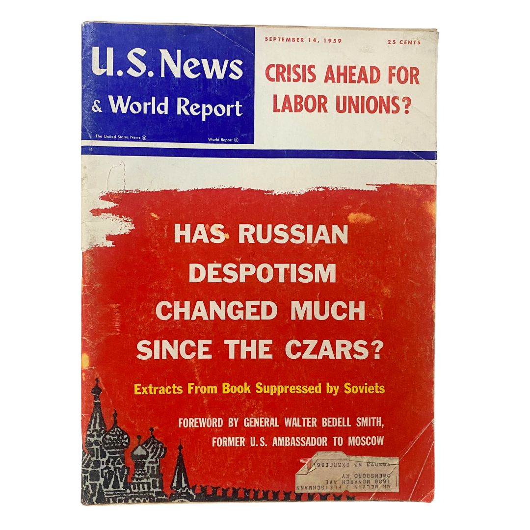 Cover of the US News & World Report Magazine from September 14, 1959, titled 'Crisis Ahead for Labor Unions?' featuring articles on labor issues and Russian despotism.