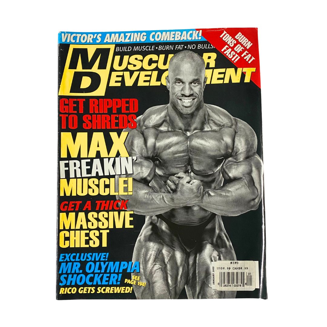 Muscular Development Magazine January 2005 featuring a powerful cover image of Victor Martinez showcasing a muscular physique and promoting fitness tips. This collectible magazine is ideal for fitness enthusiasts and bodybuilding history aficionados.