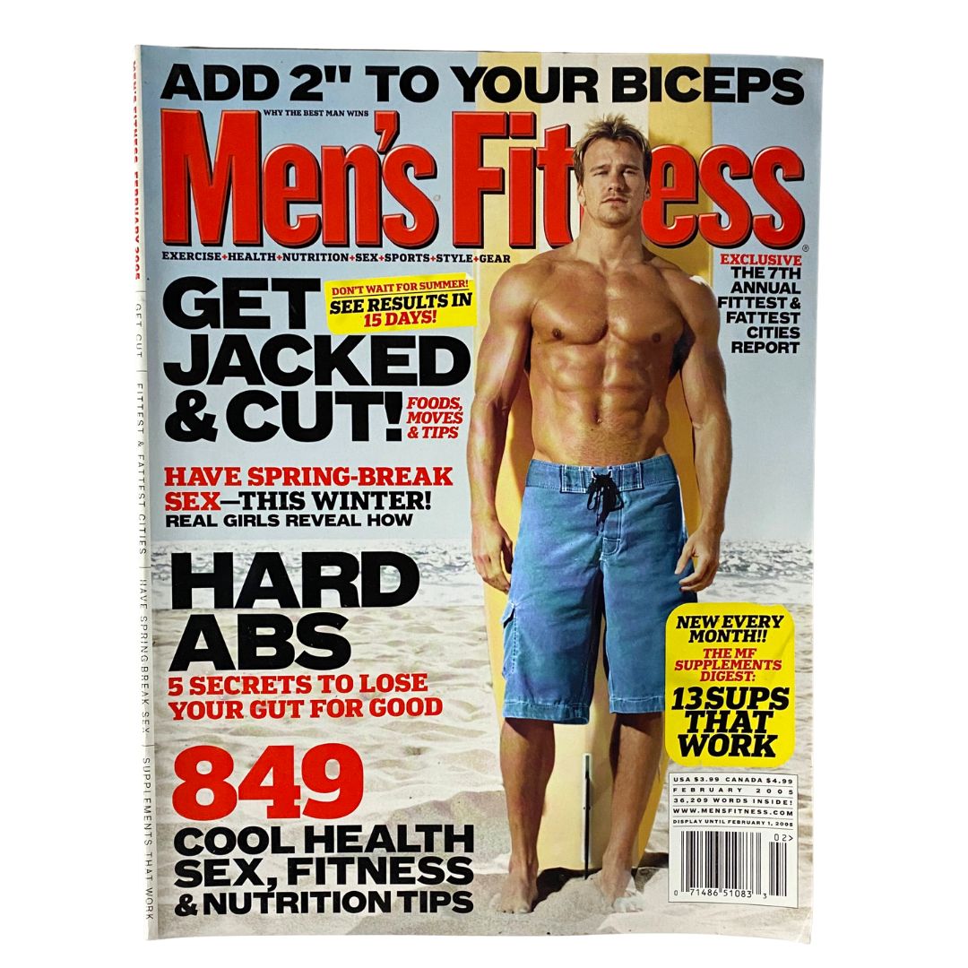 Men's Fitness Magazine February 2005 cover featuring fitness model with defined abs, featuring articles on getting fit, nutrition, and exercise tips.