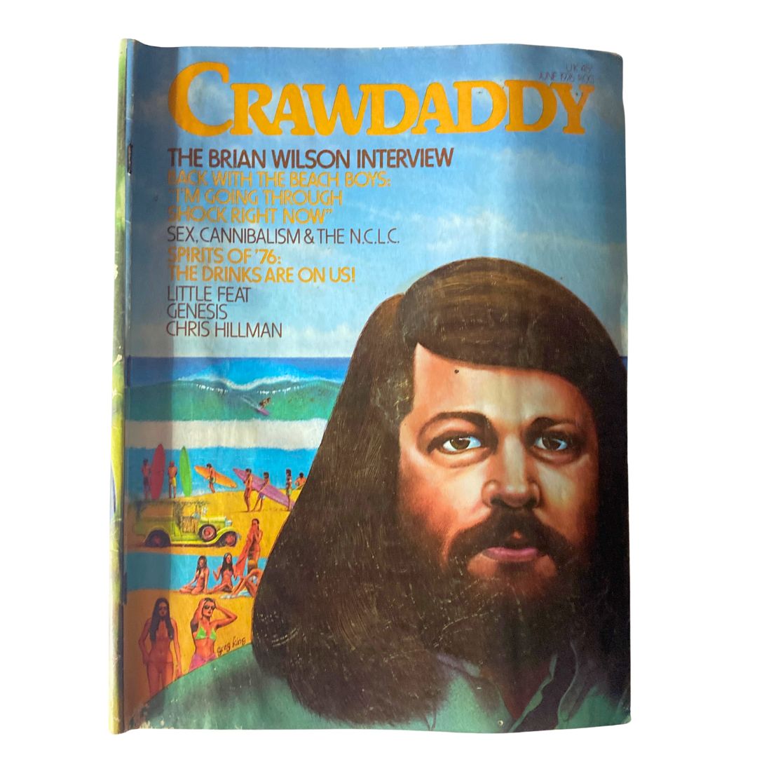 Crawdaddy Magazine June 1976 featuring The Brian Wilson Interview, with vibrant cover art showcasing a coastal scene and illustrations of surfers and beachgoers.