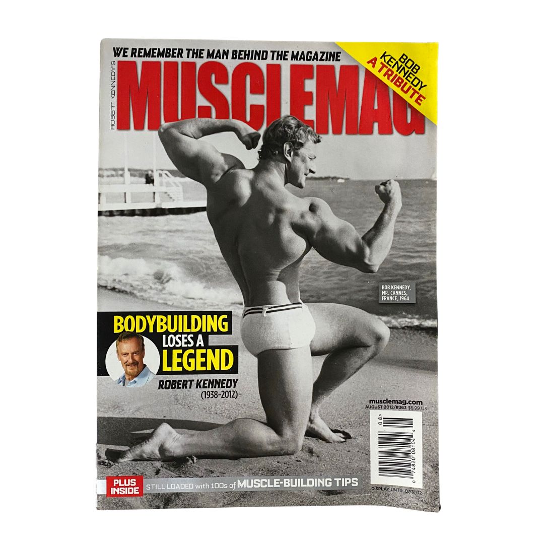 MuscleMag Magazine August 2012 No. 363 featuring Robert Kennedy on the cover, showcasing a bodybuilder posing at the beach, representing the era of fitness and bodybuilding culture.