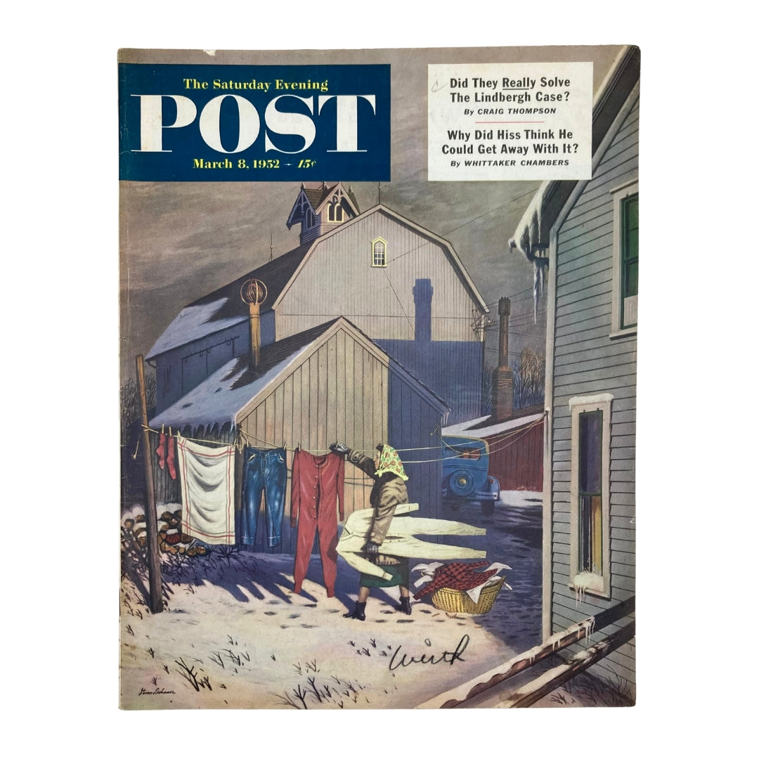 Cover of Saturday Evening Post Magazine March 8 1952 featuring the artwork "The Chore" by Stevan Dohanos, depicting a woman hanging laundry in a snowy backyard setting.