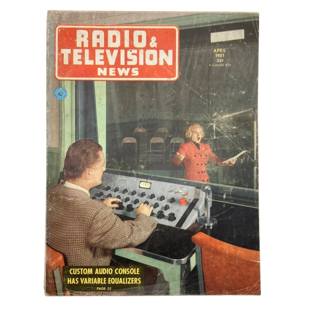 VTG Radio & Television News Magazine April 1951 cover showcasing a custom audio console and a female broadcaster in a studio setting.