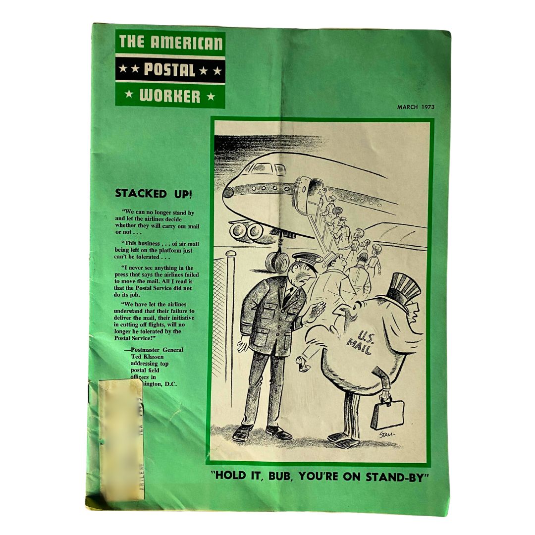 Cover of VTG The American Postal Worker Magazine March 1973 titled 'Stacked Up!' featuring a cartoon illustration related to postal aviation and a humorous exchange between postal officials.