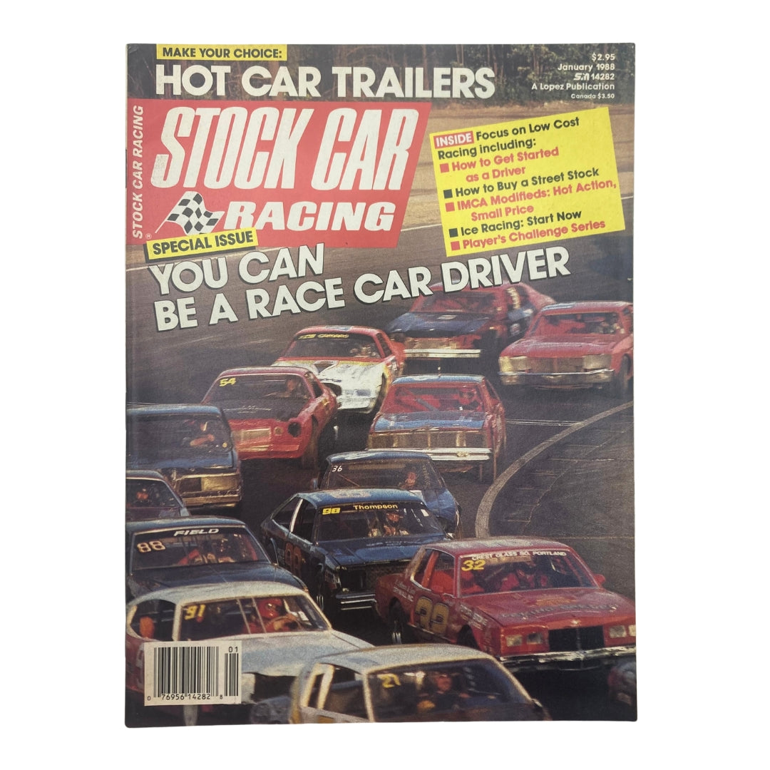 VTG Stock Car Racing Magazine January 1988 featuring a thrilling cover image of stock cars racing, showcasing colorful vehicles competing on the track. This issue is marked as a special edition with the title 'You Can Be a Race Car Driver,' making it a unique collectible for racing fans and enthusiasts.