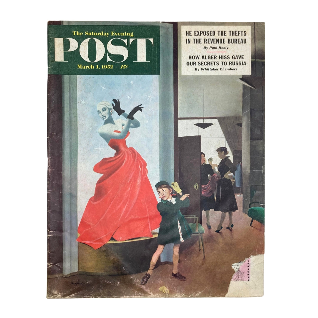 Cover of Saturday Evening Post Magazine from March 1, 1952, featuring a striking illustration of a woman in a red dress and a child, reflecting early 1950s fashion and culture.