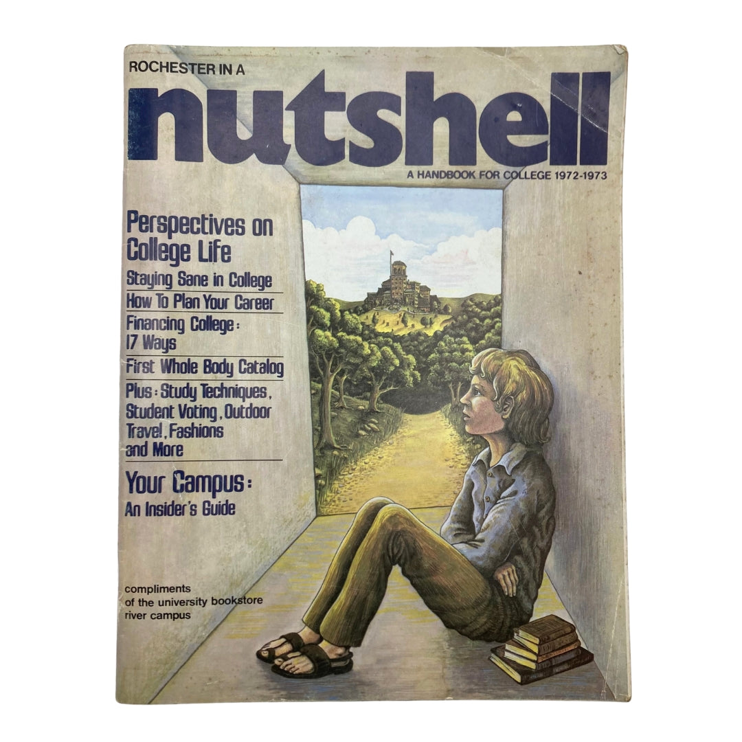 Cover of the VTG Nutshell Magazine 1972-1973, featuring a boy sitting against a wall, surrounded by a vibrant illustration representing perspectives on college life. The title prominently displays 'nutshell: A Handbook for College 1972-1973.'