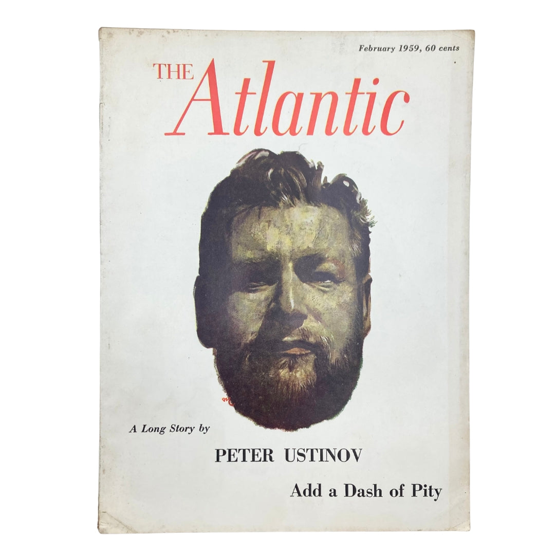 Cover of VTG The Atlantic Magazine from February 1959 featuring an illustration of Peter Ustinov with the title 'Add a Dash of Pity'.
