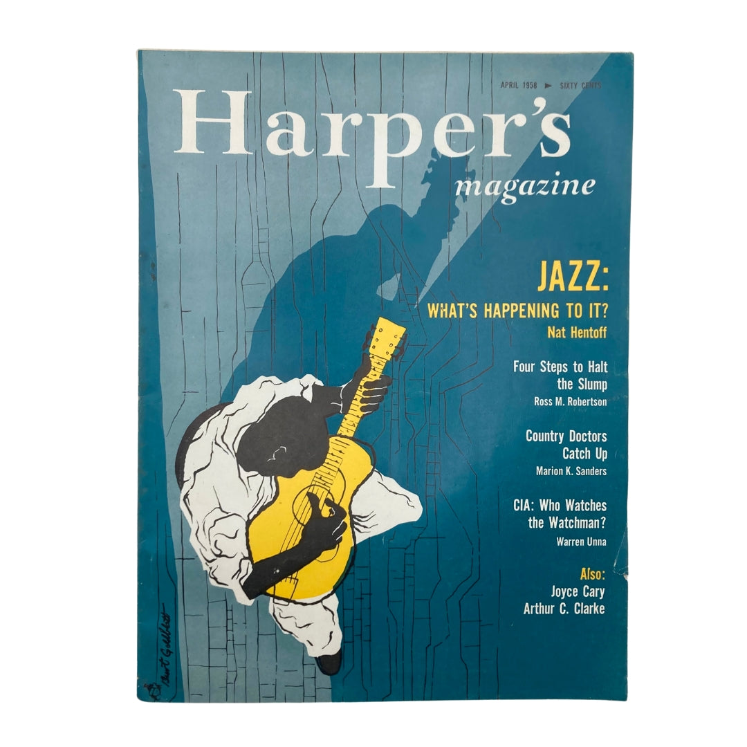 Cover of VTG Harper's Magazine April 1958 featuring a jazz theme and the title 'What's Happening To It?' with a striking illustration of a musician playing guitar.