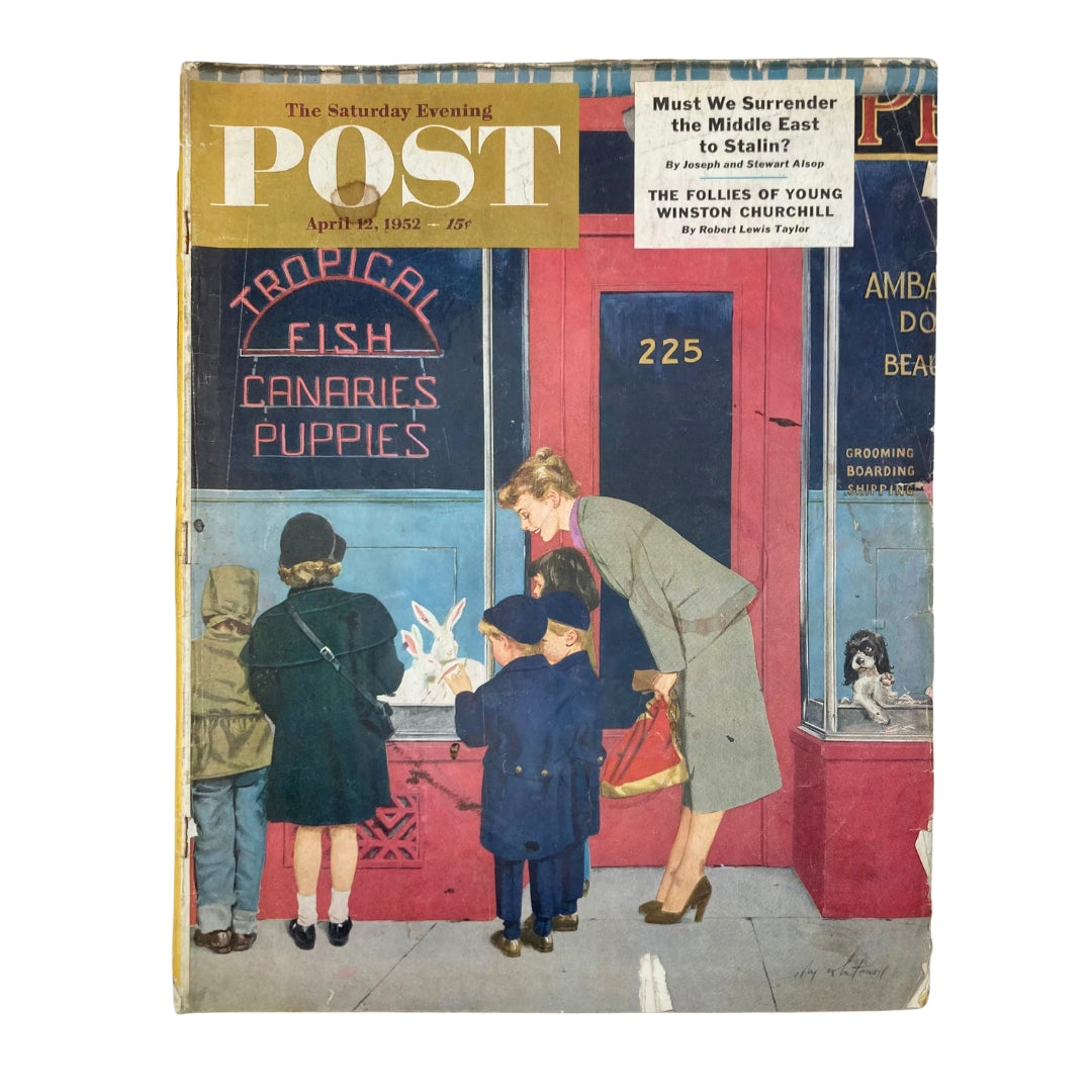 Cover of the Saturday Evening Post Magazine from April 12, 1952, featuring children viewing animal-themed shop displays with the charming title 'Mr. Fido.'